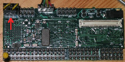 A gumstix stacked with a robostix: serial port interconnect at top left.